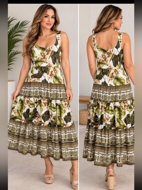 Cato Olive and Cream Tropical Print Maxi Dress